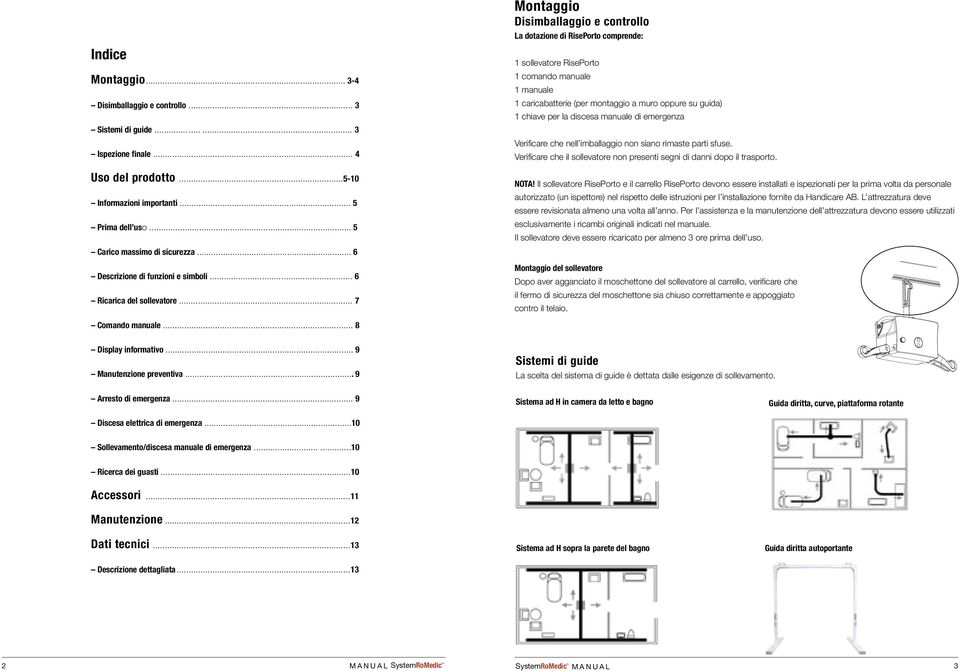 .. 7 Montaggio Disimballaggio e controllo La dotazione di RisePorto comprende: 1 sollevatore RisePorto 1 comando manuale 1 manuale 1 caricabatterie (per montaggio a muro oppure su guida) 1 chiave per