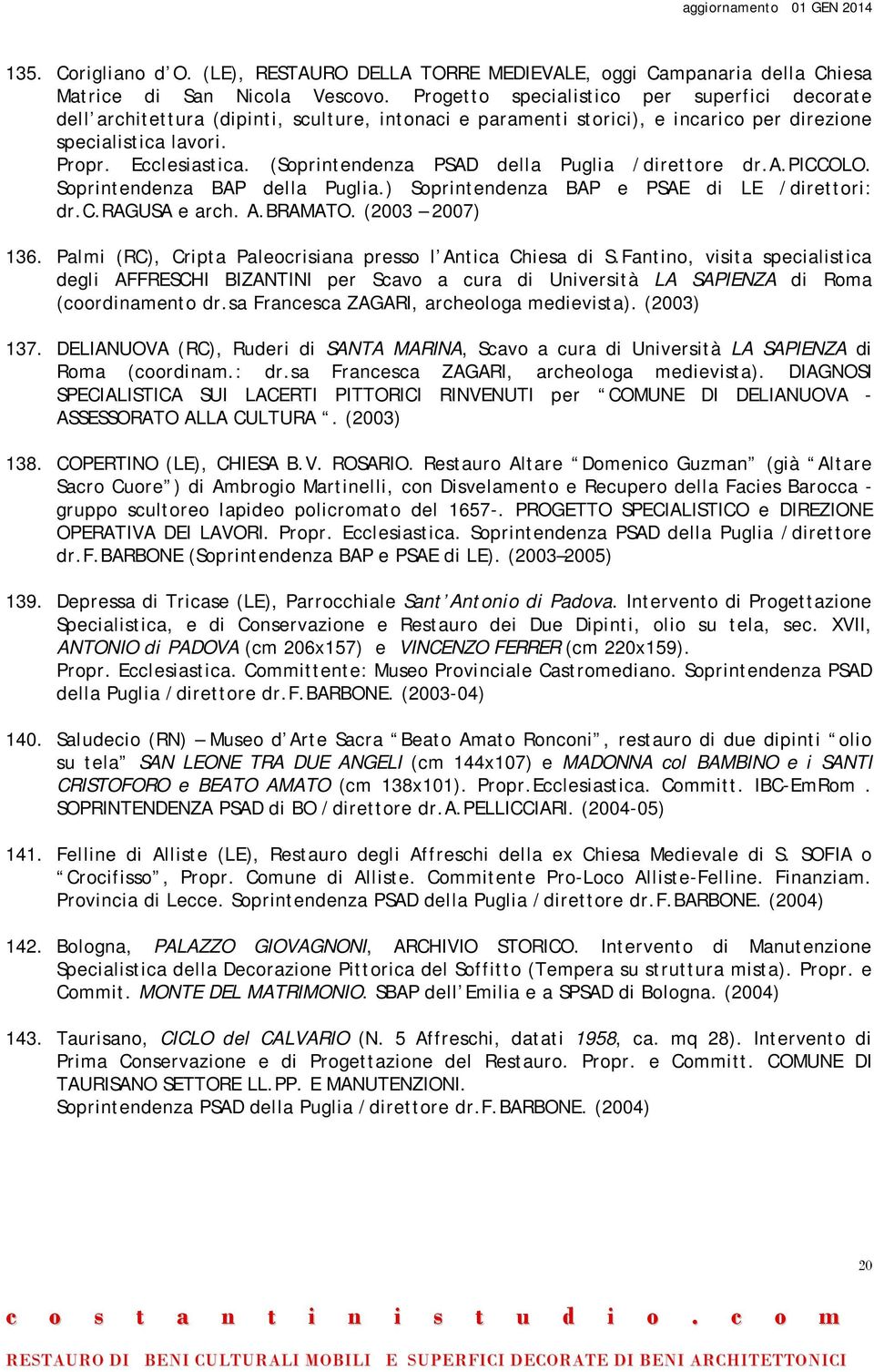 (Soprintendenza PSAD della Puglia /direttore dr.a.piccolo. Soprintendenza BAP della Puglia.) Soprintendenza BAP e PSAE di LE /direttori: dr.c.ragusa e arch. A.BRAMATO. (2003 2007) 136.