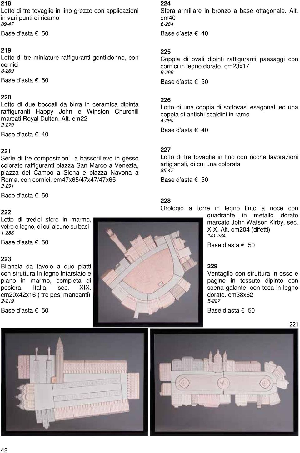 Dulton. Alt. cm22 2-279 221 Serie di tre composizioni a bassorilievo in gesso colorato raffiguranti piazza San Marco a Venezia, piazza del Campo a Siena e piazza Navona a Roma, con cornici.