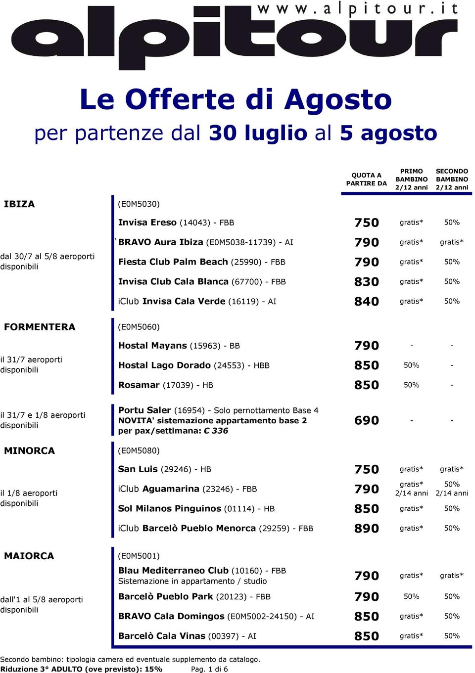 aeroporti MINORCA Portu Saler (16954) - Solo pernottamento Base 4 NOVITA' sistemazione appartamento base 2 per pax/settimana: 336 (E0M5080) 690 - - San Luis (29246) - HB 750 il 1/8 aeroporti iclub