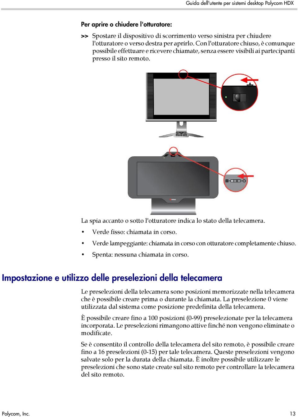 La spia accanto o sotto l'otturatore indica lo stato della telecamera. Verde fisso: chiamata in corso. Verde lampeggiante: chiamata in corso con otturatore completamente chiuso.