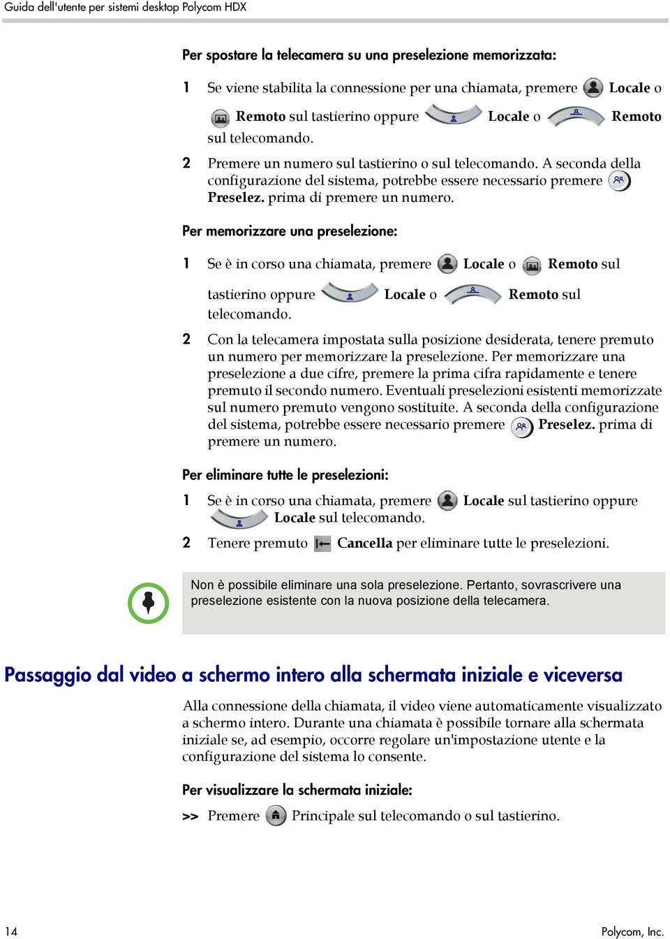 Per memorizzare una preselezione: 1 Se è in corso una chiamata, premere Locale o Remoto sul tastierino oppure Locale o Remoto sul telecomando.