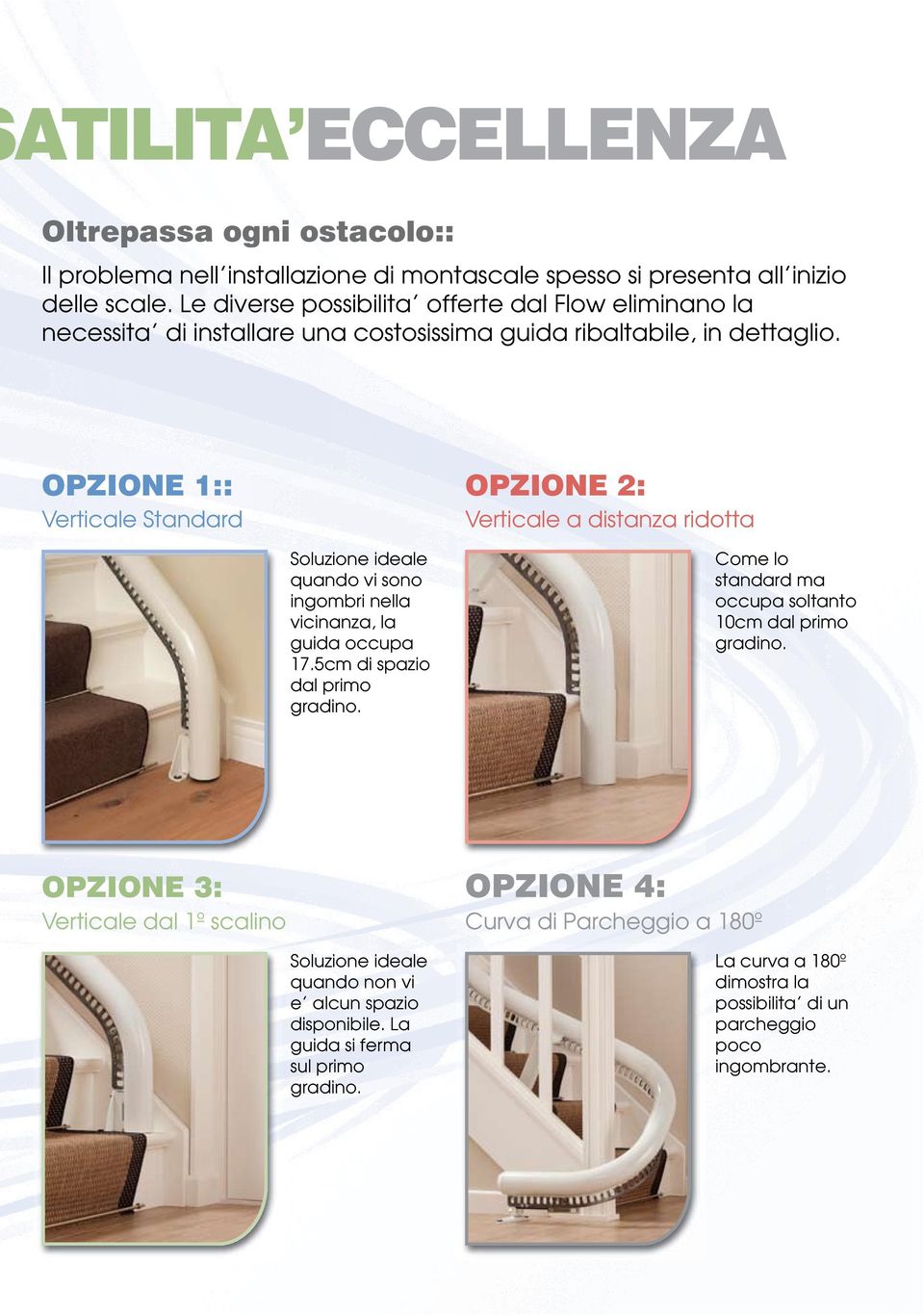 OPZIONE 1:: Verticale Standard OPZIONE 2: Verticale a distanza ridotta Soluzione ideale quando vi sono ingombri nella vicinanza, la guida occupa 17.5cm di spazio dal primo gradino.