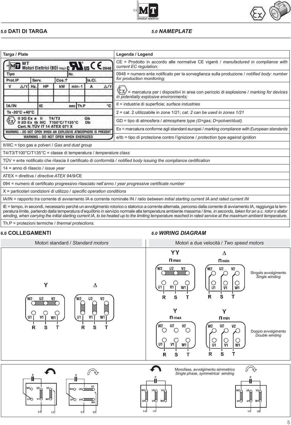 sulla produzione / noti ed body: number for production monitoring; = marcatura per i dispositivi in area con pericolo di esplosione / marking for devices in potentially explosive environments; II =