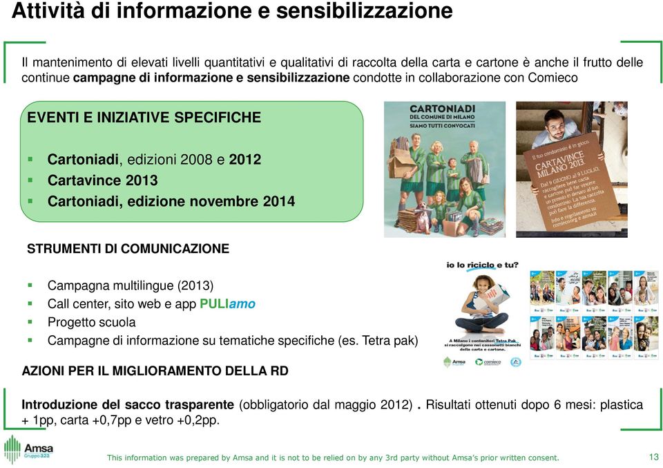 edizione novembre 2014 STRUMENTI DI COMUNICAZIONE Campagna multilingue (2013) Call center, sito web e app PULIamo Progetto scuola Campagne di informazione su tematiche specifiche