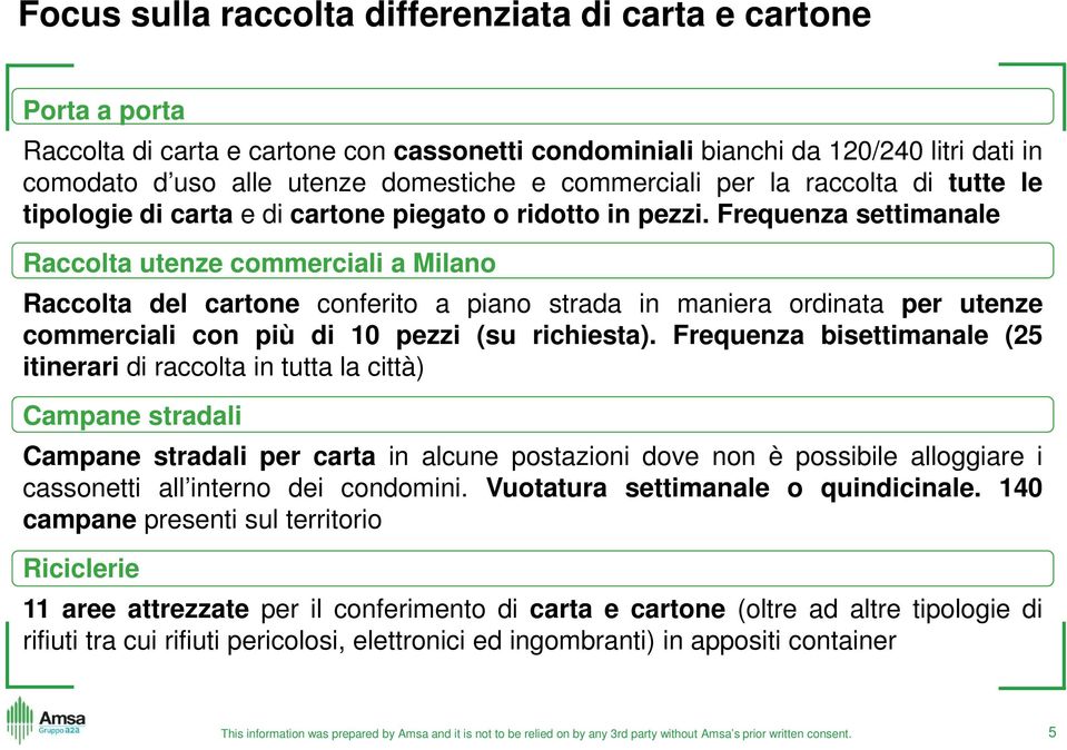 Frequenza settimanale Raccolta utenze commerciali a Milano Raccolta del cartone conferito a piano strada in maniera ordinata per utenze commerciali con più di 10 pezzi (su richiesta).