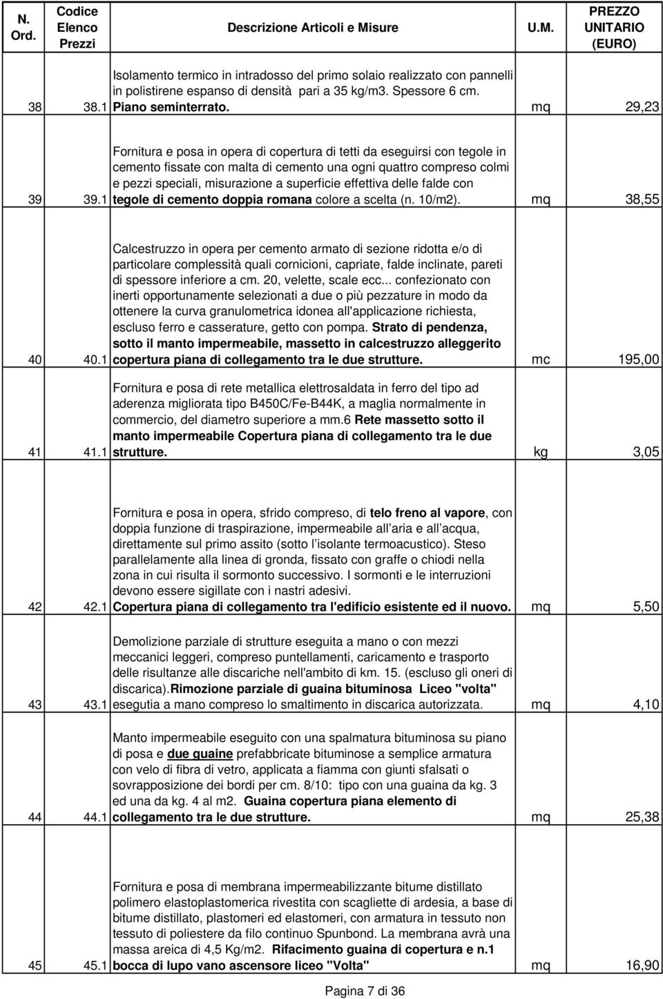 delle falde con tegole di cemento doppia romana colore a scelta (n. 10/m2). mq 38,55 40 40.1 41 41.