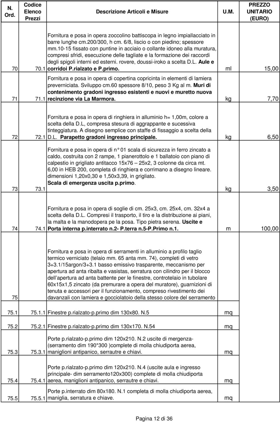 rovere, doussi-iroko a scelta D.L. Aule e corridoi P.rialzato e P.primo. ml 15,00 Fornitura e posa in opera di copertina copricinta in elementi di lamiera preverniciata. Sviluppo cm.