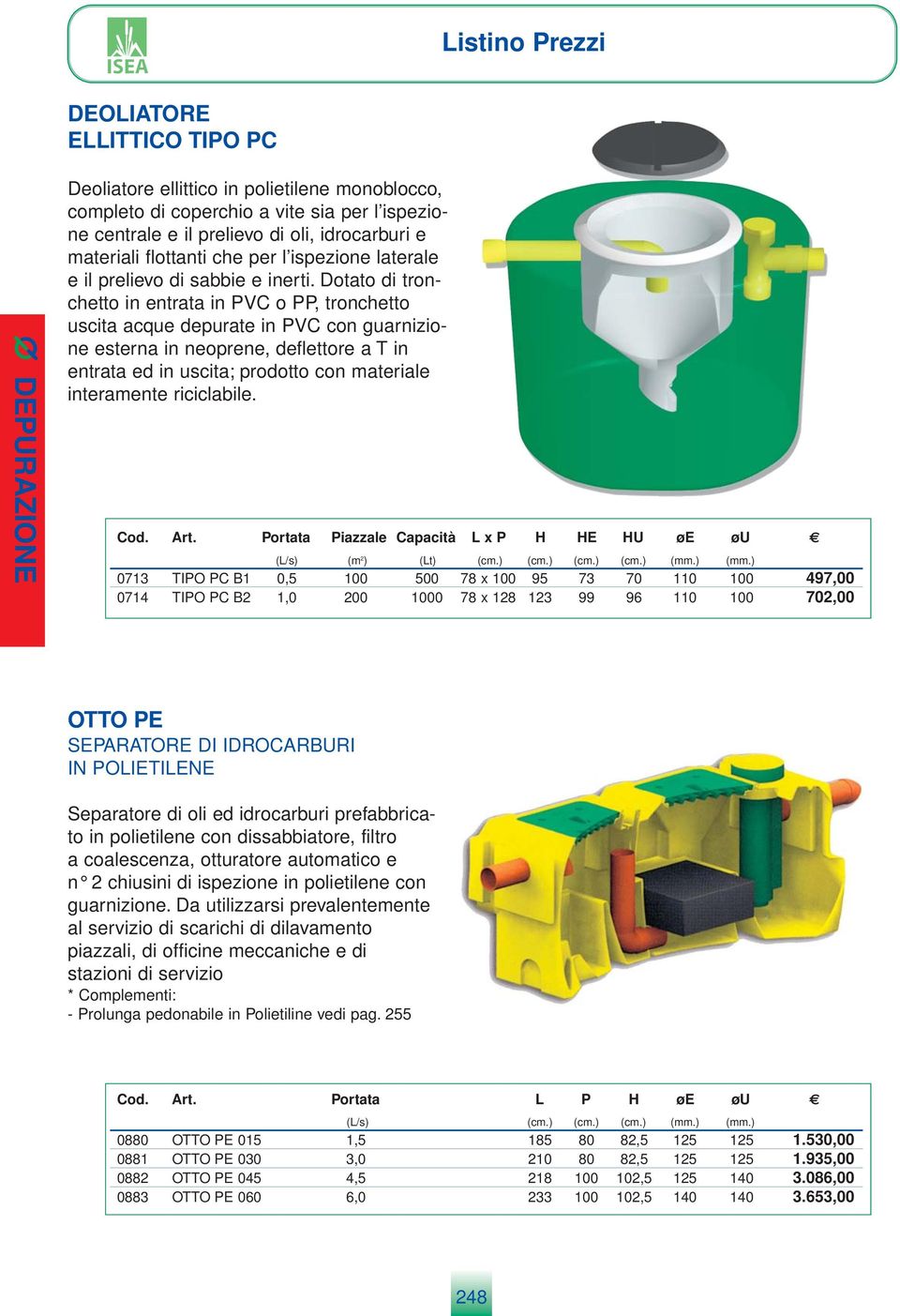 Dotato di tronchetto in entrata in PVC o PP, tronchetto uscita acque depurate in PVC con guarnizione esterna in neoprene, deflettore a T in entrata ed in uscita; prodotto con materiale interamente