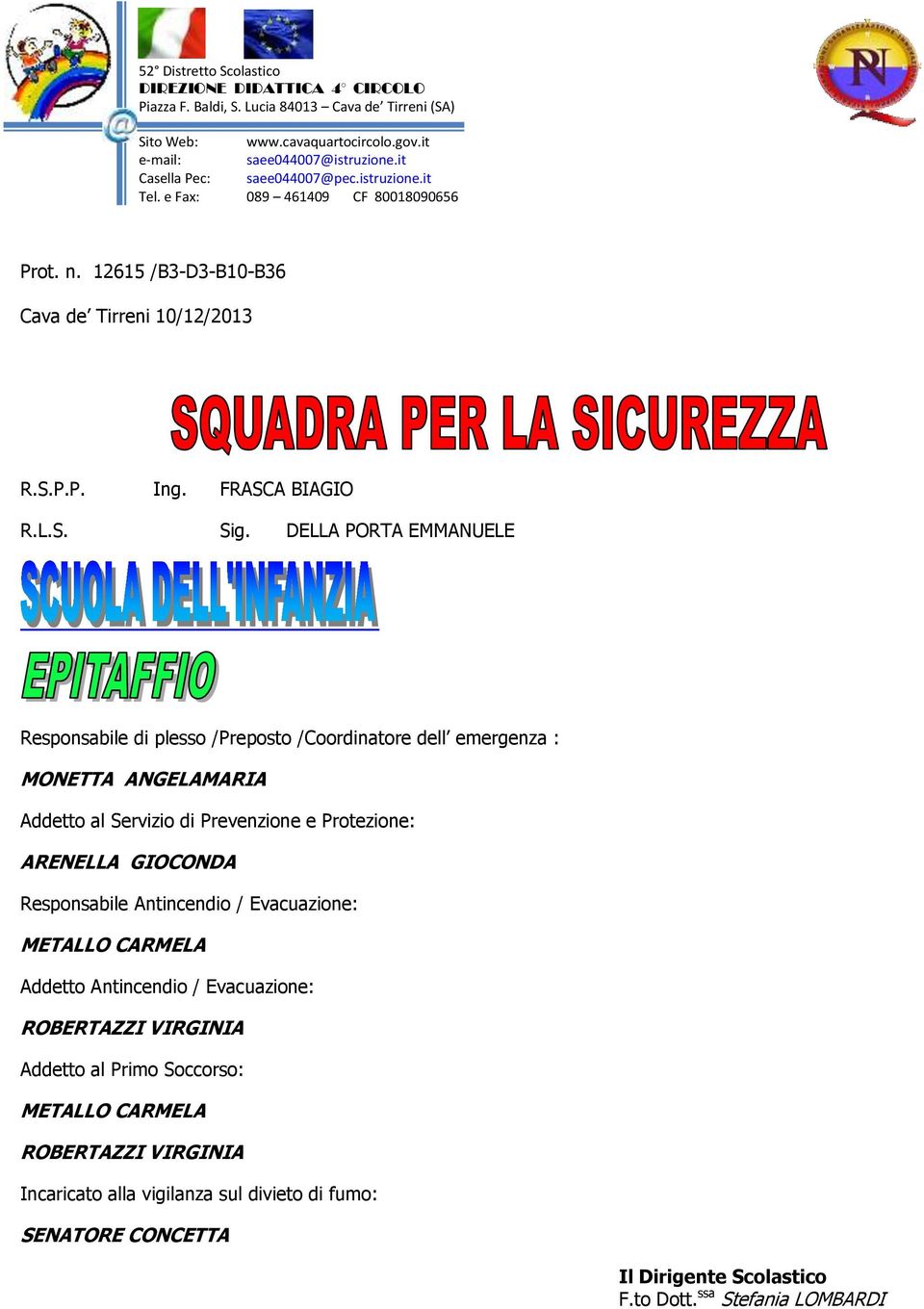 /Coordinatore dell emergenza : MONETTA ANGELAMARIA