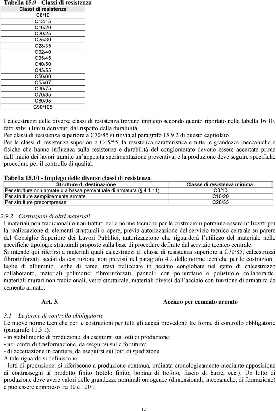 resistenza trovano impiego secondo quanto riportato nella tabella 16.10, fatti salvi i limiti derivanti dal rispetto della durabilità.