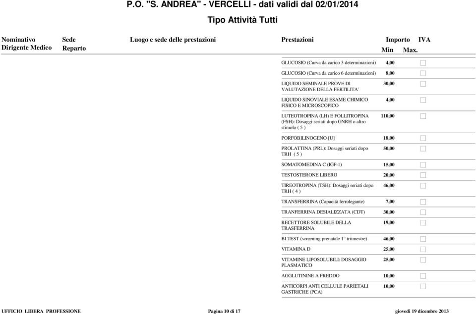 SOMATOMEDINA C (IGF-1) TESTOSTERONE LIBERO 20,00 TIREOTROPINA (TSH): Dosaggi seriati dopo TRH ( 4 ) 46,00 TRANSFERRINA (Capacità ferrolegante) 7,00 TRANFERRINA DESIALIZZATA (CDT) 30,00 RECETTORE