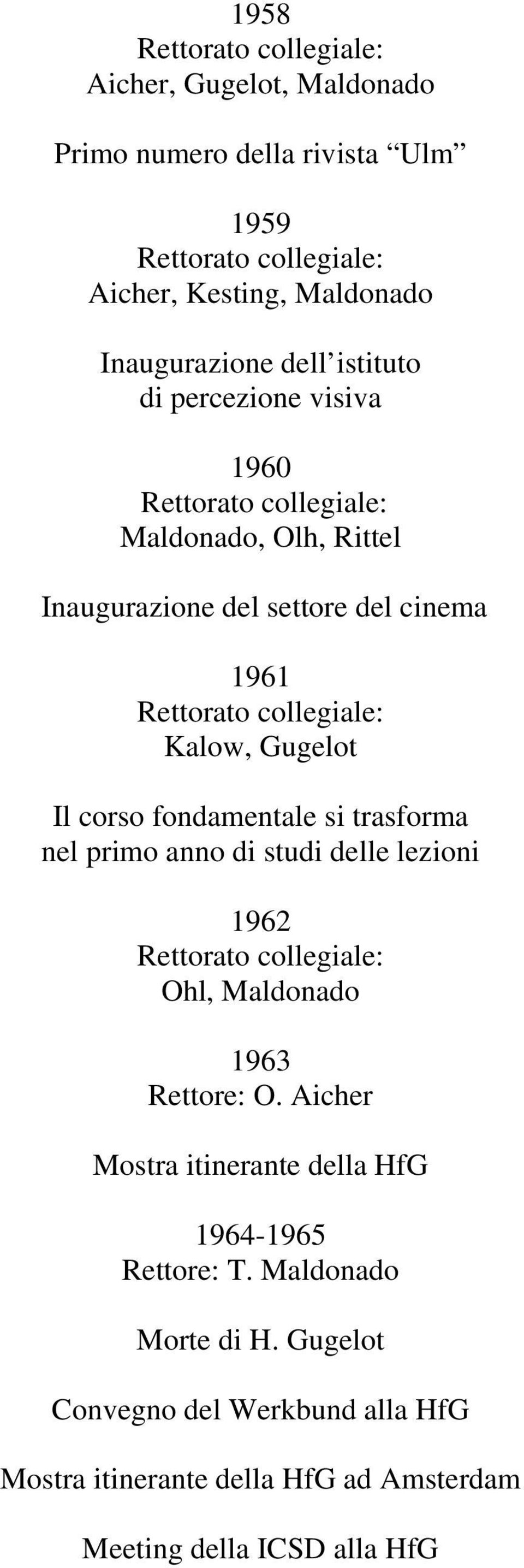 trasforma nel primo anno di studi delle lezioni 1962 Ohl, Maldonado 1963 Rettore: O.