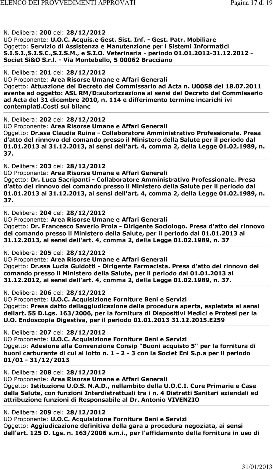 Delibera: 201 del: 28/12/2012 Oggetto: Attuazione del Decreto del Commissario ad Acta n. U0058 del 18.07.