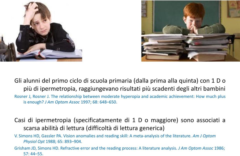 Casi di ipermetropia (specificatamente di 1 D o maggiore) sono associati a scarsa abilità di lettura (difficoltà di lettura generica) V. Simons HD, Gassler PA.