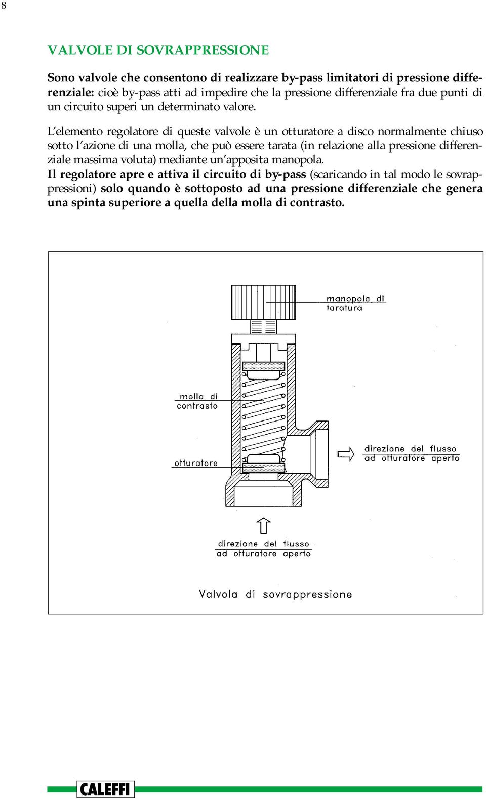 L elemento regolatore di queste valvole è un otturatore a disco normalmente chiuso sotto l azione di una molla, che può essere tarata (in relazione alla pressione