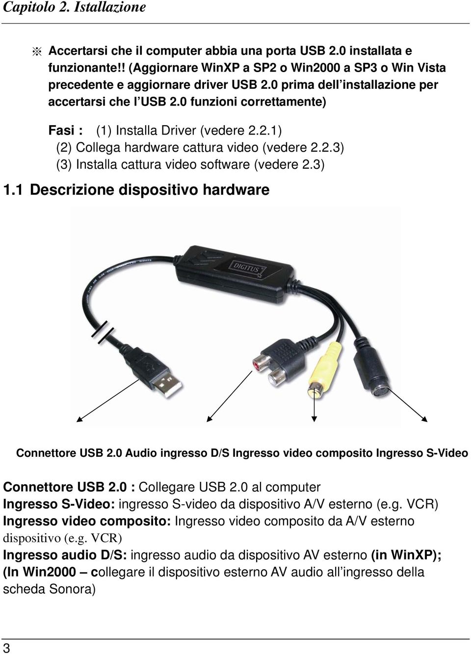 3) 1.1 Descrizione dispositivo hardware Connettore USB 2.0 Audio ingresso D/S Ingresso video composito Ingresso S-Video Connettore USB 2.0 : Collegare USB 2.