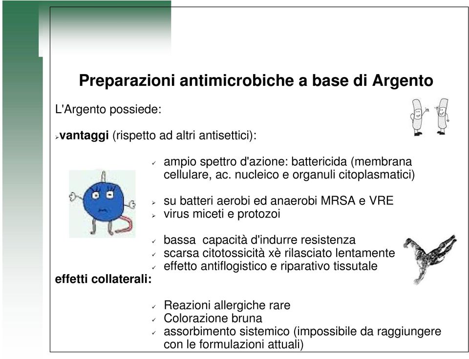 nucleico e organuli citoplasmatici) su batteri aerobi ed anaerobi MRSA e VRE virus miceti e protozoi bassa capacità d'indurre