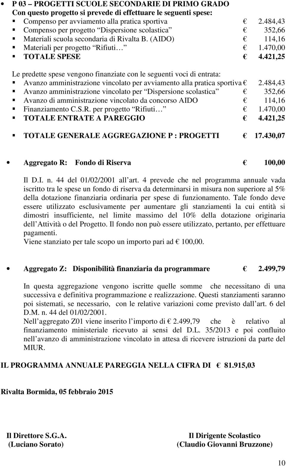 421,25 Avanzo amministrazione vincolato per avviamento alla pratica sportiva 2.