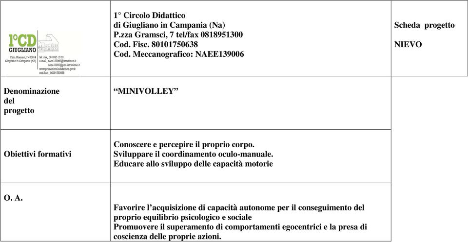 corpo. Sviluppare il coordinamento oculo-manuale. Educare allo sviluppo delle capacità motorie O. A.