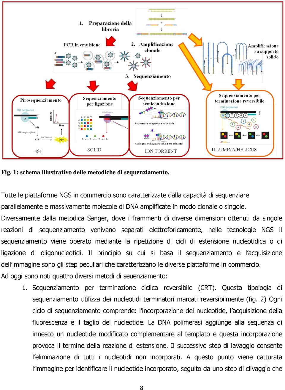 Diversamente dalla metodica Sanger, dove i frammenti di diverse dimensioni ottenuti da singole reazioni di sequenziamento venivano separati elettroforicamente, nelle tecnologie NGS il sequenziamento