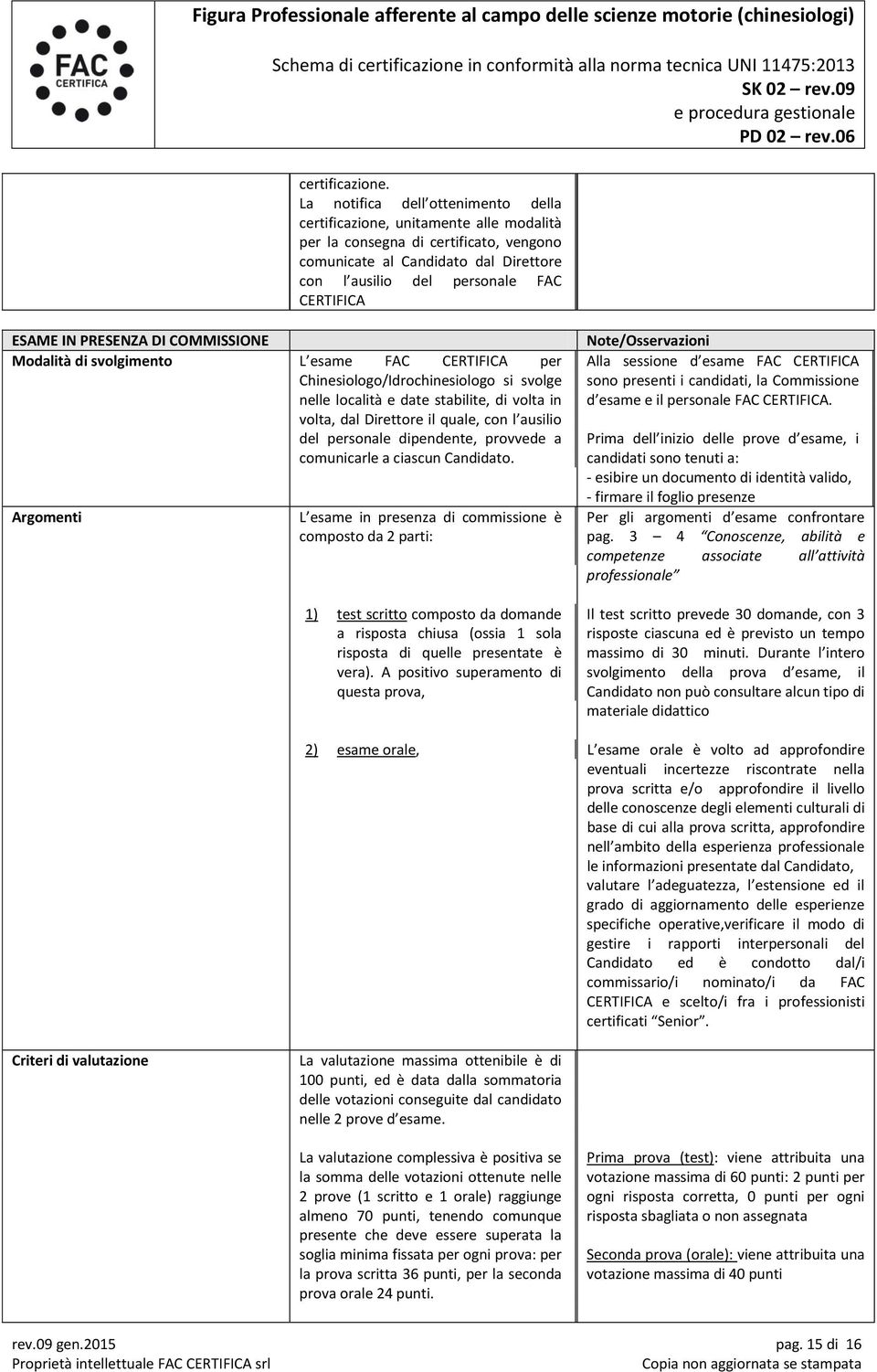 ESAME IN PRESENZA DI COMMISSIONE Modalità di svolgimento L esame FAC CERTIFICA per Chinesiologo/Idrochinesiologo si svolge nelle località e date stabilite, di volta in volta, dal Direttore il quale,