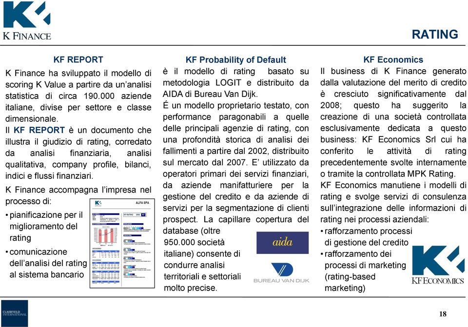 K Finance accompagna l impresa nel processo di: pianificazione per il miglioramento del rating comunicazione dell analisi del rating al sistema bancario KF Probability of Default è il modello di