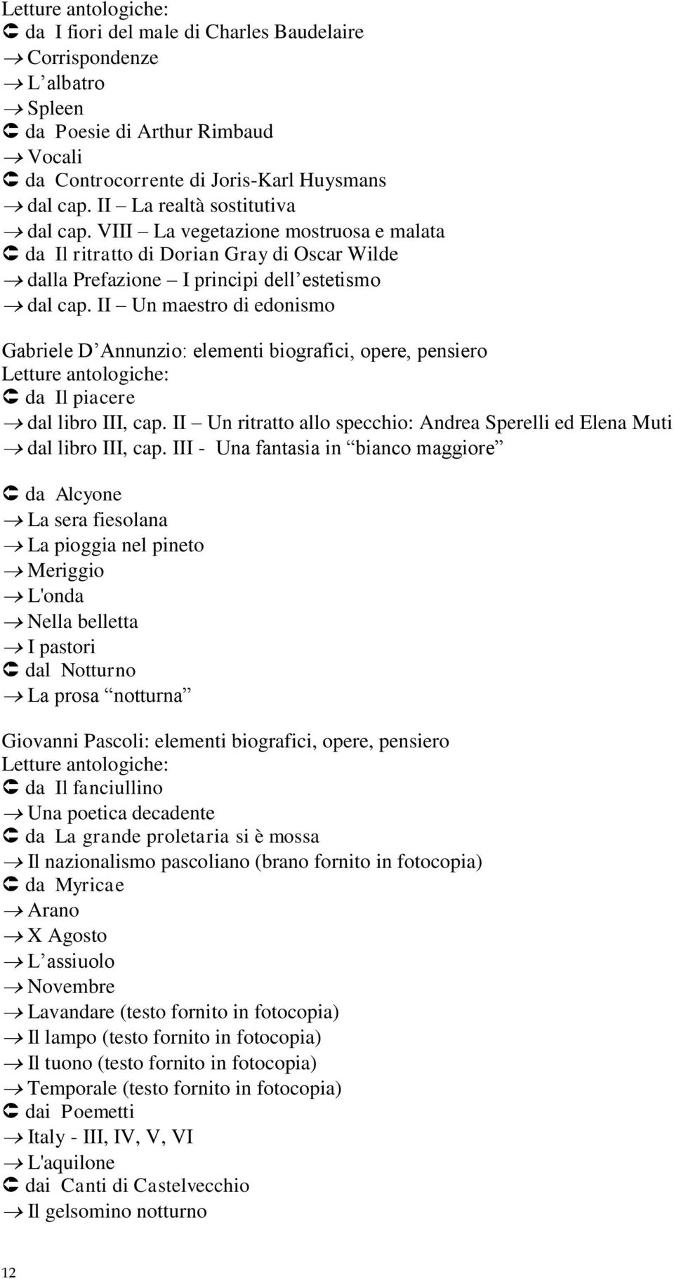 II Un maestro di edonismo Gabriele D Annunzio: elementi biografici, opere, pensiero da Il piacere dal libro III, cap. II Un ritratto allo specchio: Andrea Sperelli ed Elena Muti dal libro III, cap.