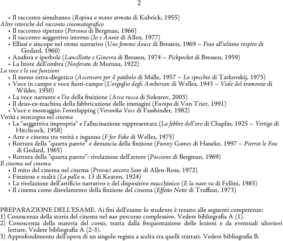 Pickpocket di Bresson, 1959) La litote dell ombra (Nosferatu di Murnau, 1922) La voce e le sue funzioni Il suono extra-diegetico (Ascensore per il patibolo di Malle, 1957 Lo specchio di Tarkovskij,