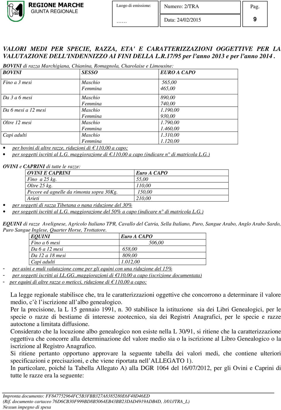 12 mesi Maschio Femmina 1.190,00 930,00 Oltre 12 mesi Maschio Femmina 1.790,00 1.460,00 Capi adulti Maschio Femmina 1.310,00 1.