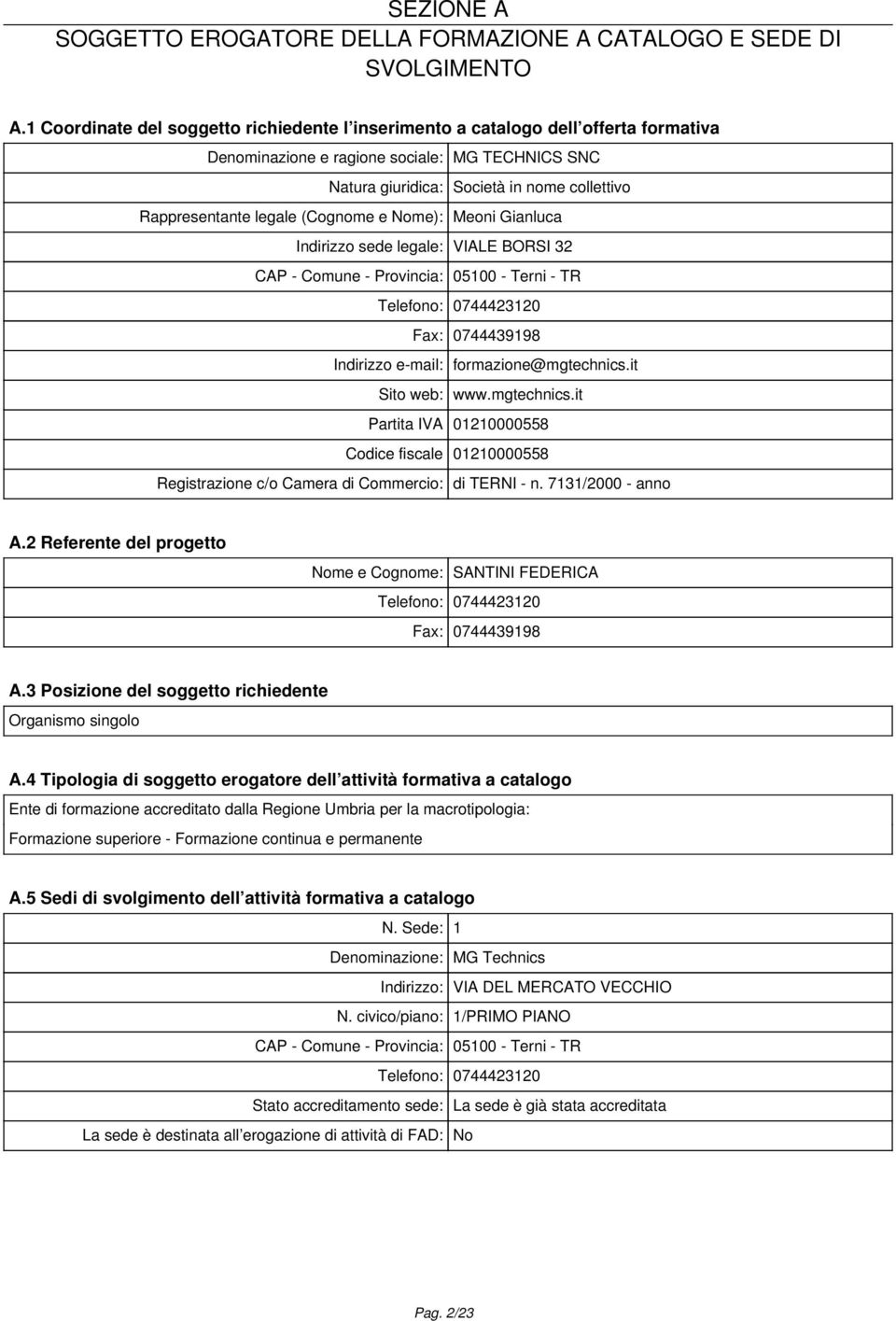 legale (Cognome e Nome): Meoni Gianluca Indirizzo sede legale: VIALE BORSI 32 CAP - Comune - Provincia: 05100 - Terni - TR Telefono: 0744423120 Fax: 0744439198 Indirizzo e-mail: formazione@mgtechnics.