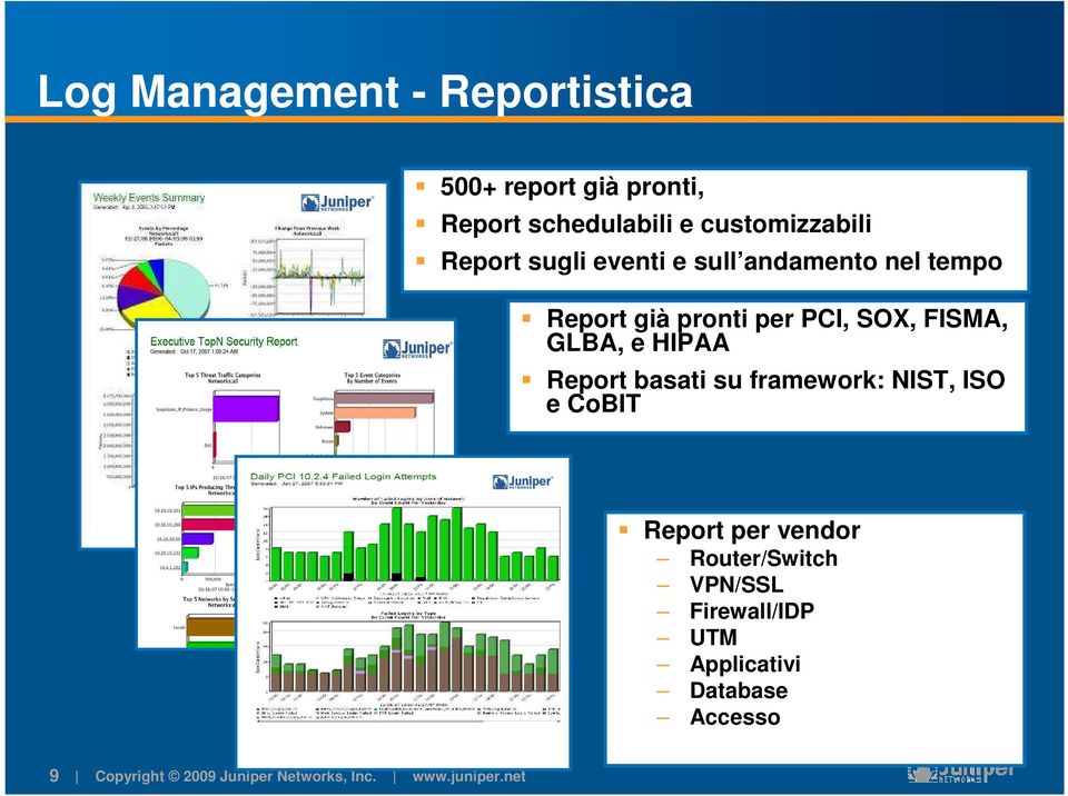 per PCI, SOX, FISMA, GLBA, e HIPAA Report basati su framework: NIST, ISO e CoBIT