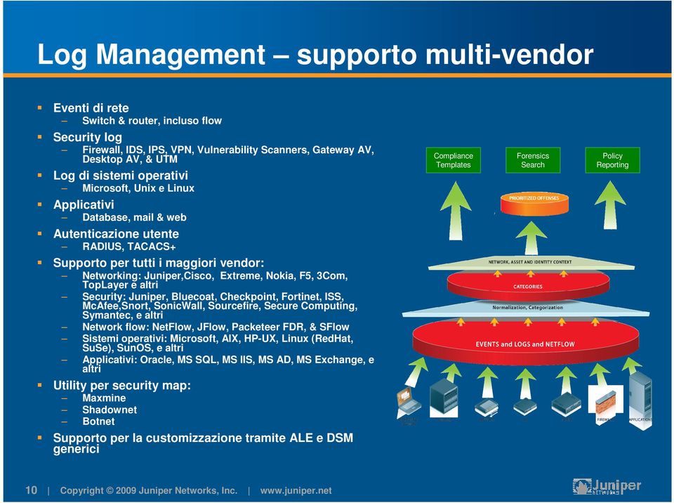 Juniper,Cisco, Extreme, Nokia, F5, 3Com, TopLayer e altri Security: Juniper, Bluecoat, Checkpoint, Fortinet, ISS, McAfee,Snort, SonicWall, Sourcefire, Secure Computing, Symantec, e altri Network