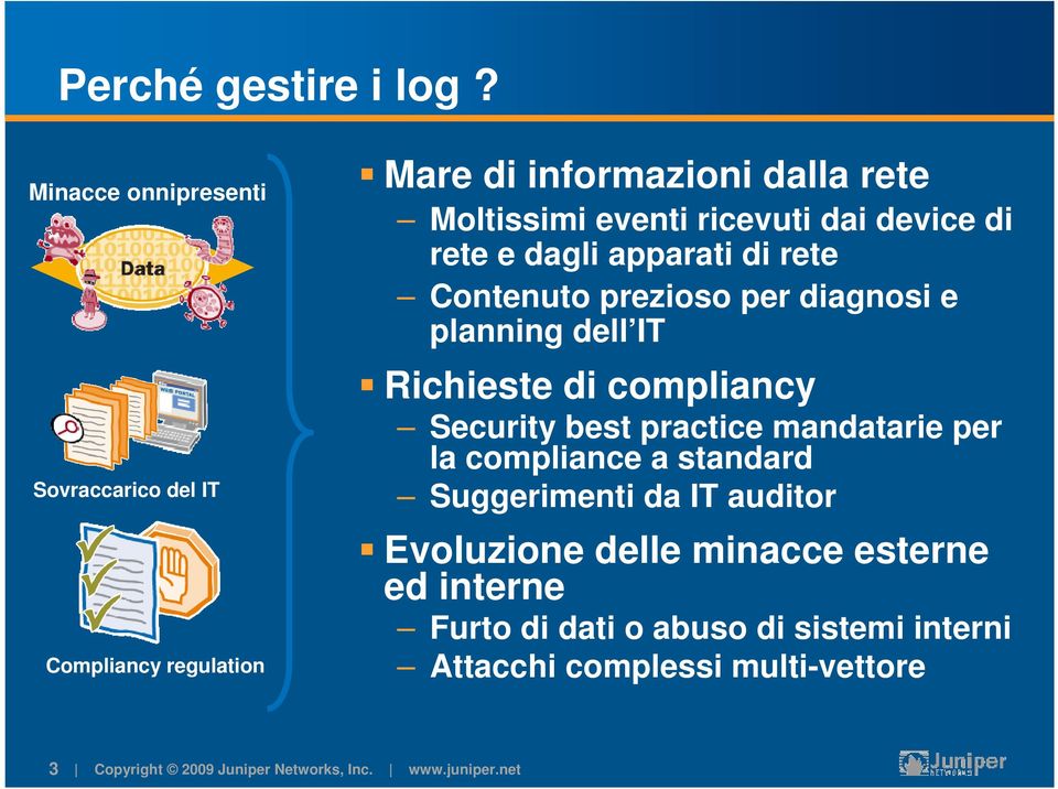 ricevuti dai device di rete e dagli apparati di rete Contenuto prezioso per diagnosi e planning dell IT Richieste di