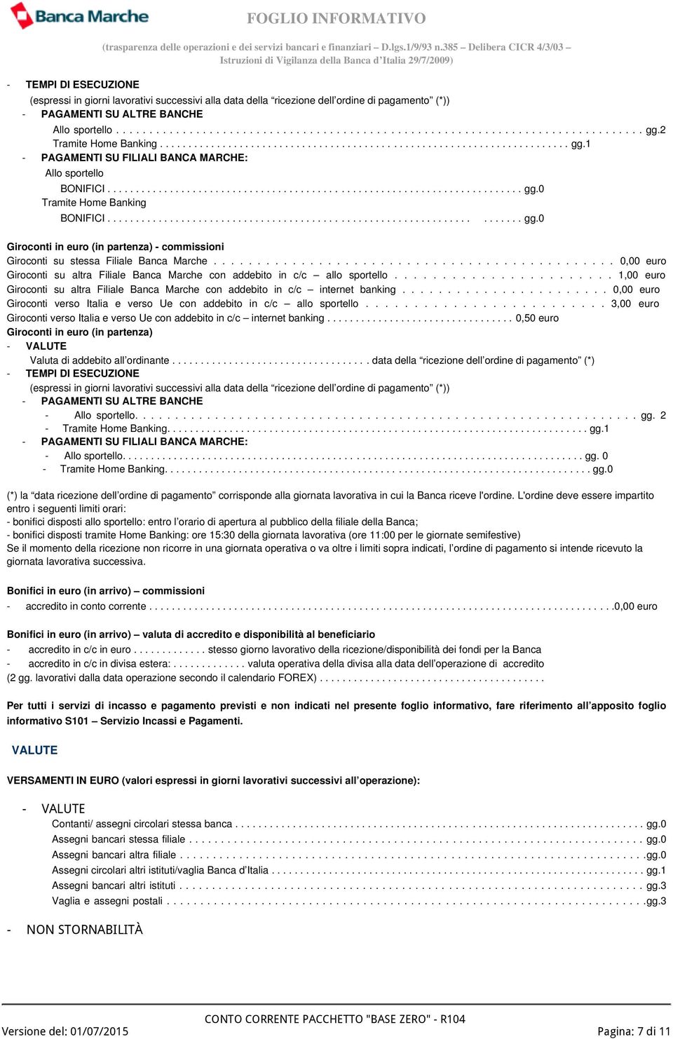 ...................................................................... gg.0 Giroconti in euro (in partenza) - commissioni Giroconti su stessa Filiale Banca Marche.