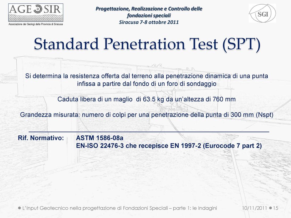 5 kg da un altezza di 760 mm Grandezza misurata: numero di colpi per una penetrazione della punta di 300 mm (Nspt) Rif.