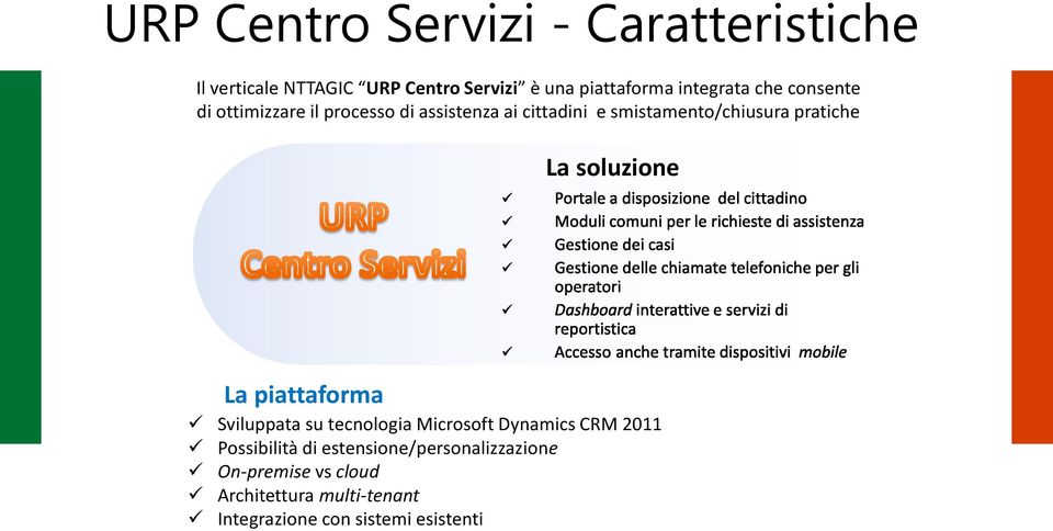 pratiche La soluzione La piattaforma Sviluppata su tecnologia Microsoft Dynamics CRM 2011 Possibilità