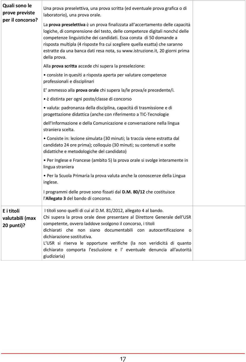 Essa consta di 50 domande a risposta multipla (4 risposte fra cui scegliere quella esatta) che saranno estratte da una banca dati resa nota, su www.istruzione.it, 20 giorni prima della prova.