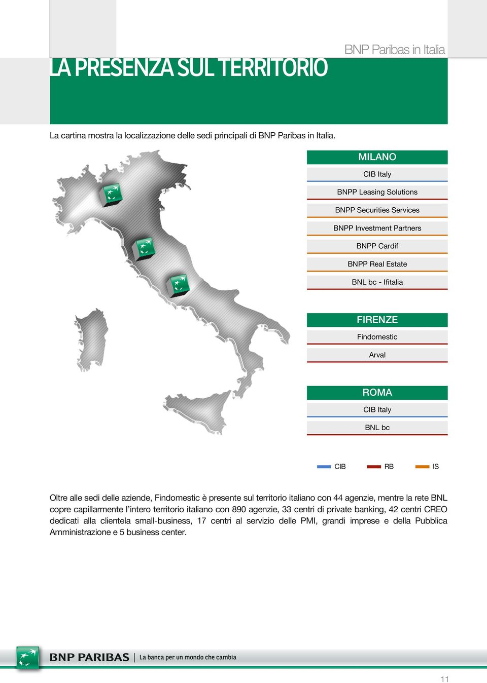 CIB Italy BNL bc CIB RB IS Oltre alle sedi delle aziende, Findomestic è presente sul territorio italiano con 44 agenzie, mentre la rete BNL copre capillarmente l