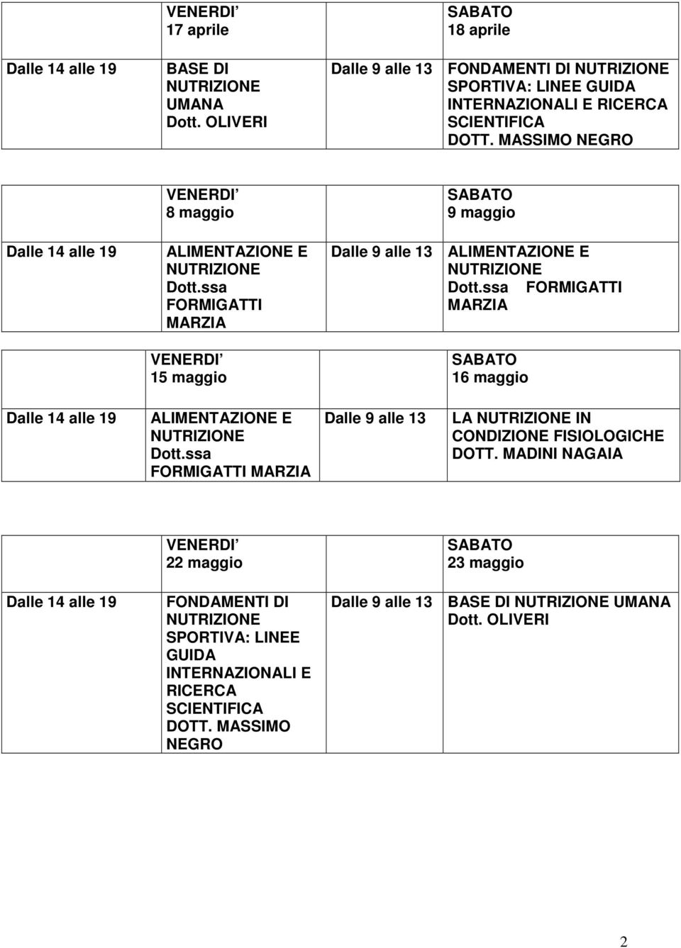 MASSIMO NEGRO 8 maggio ALIMENTAZIONE E Dott.ssa FORMIGATTI MARZIA 15 maggio 9 maggio Dalle 9 alle 13 ALIMENTAZIONE E Dott.