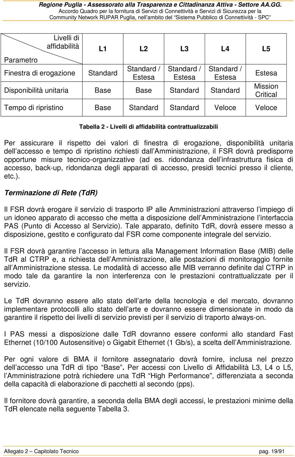 disponibilità unitaria dell accesso e tempo di ripristino richiesti dall Amministrazione, il FSR dovrà predisporre opportune misure tecnico-organizzative (ad es.