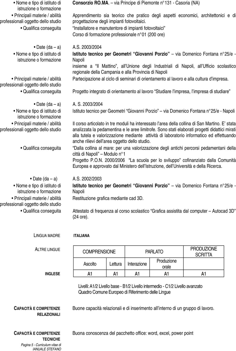 2003/2004 Istituto tecnico per Geometri Giovanni Porzio via Domenico Fontana n 25/e - Napoli insieme a Il Mattino, all Unione degli Industriali di Napoli, all Ufficio scolastico regionale della