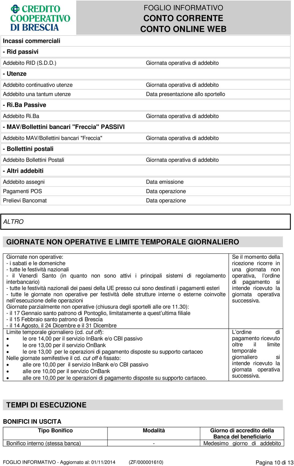 Bancomat FOGLIO INFORMATIVO Giornata operativa di addebito Giornata operativa di addebito Data presentazione allo sportello Giornata operativa di addebito Giornata operativa di addebito Giornata