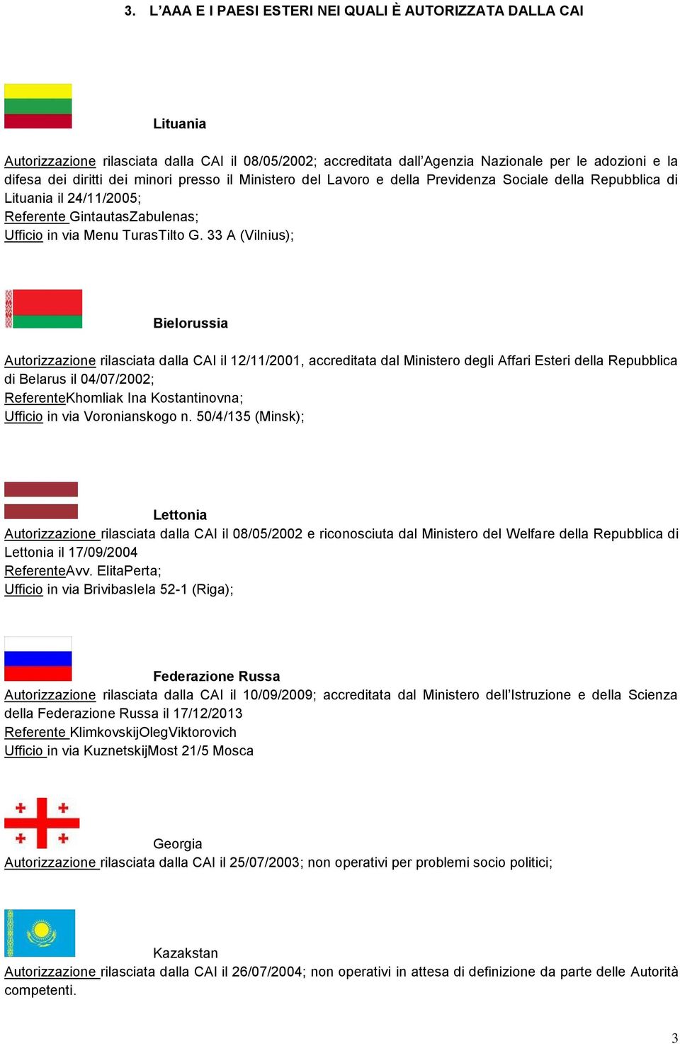 33 A (Vilnius); Bielorussia Autorizzazione rilasciata dalla CAI il 12/11/2001, accreditata dal Ministero degli Affari Esteri della Repubblica di Belarus il 04/07/2002; ReferenteKhomliak Ina