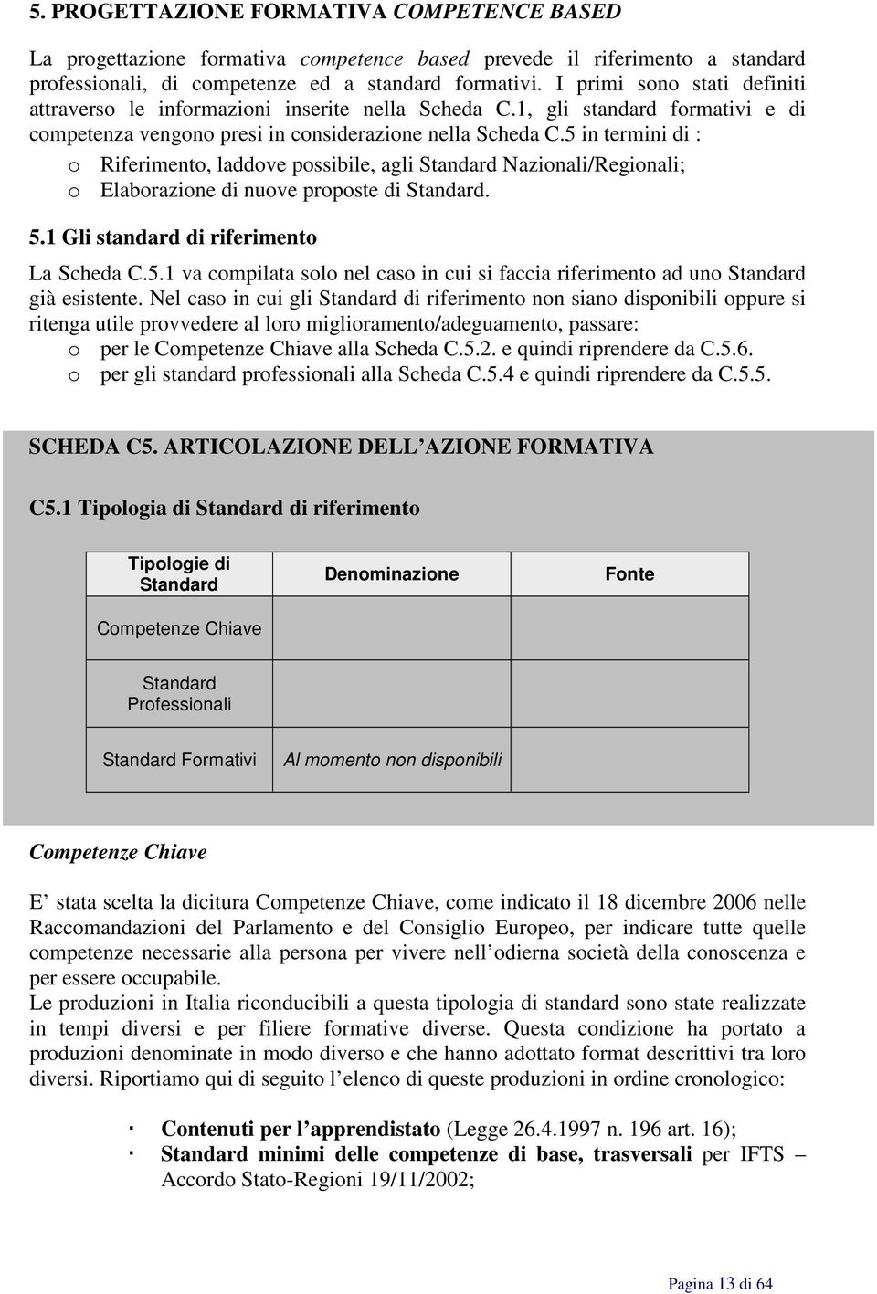 5 in termini di : o Riferimento, laddove possibile, agli Standard Nazionali/Regionali; o Elaborazione di nuove proposte di Standard. 5.1 Gli standard di riferimento La Scheda C.5.1 va compilata solo nel caso in cui si faccia riferimento ad uno Standard già esistente.