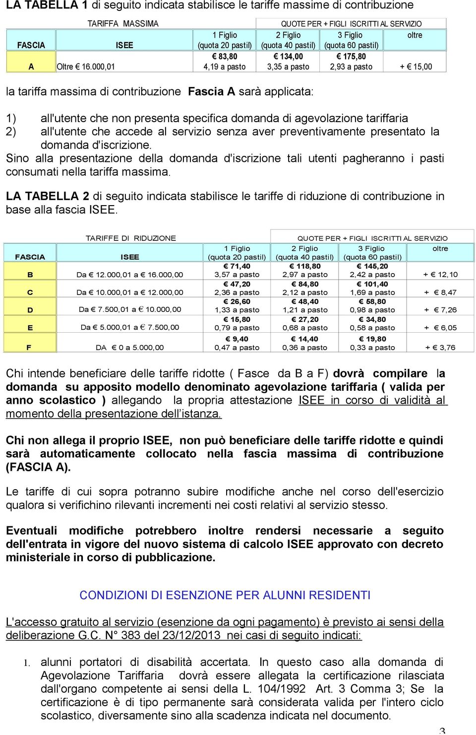 la tariffa massima di contribuzione Fascia A sarà applicata: 1) all'utente che non presenta specifica domanda di agevolazione tariffaria 2) all'utente che accede al servizio senza aver