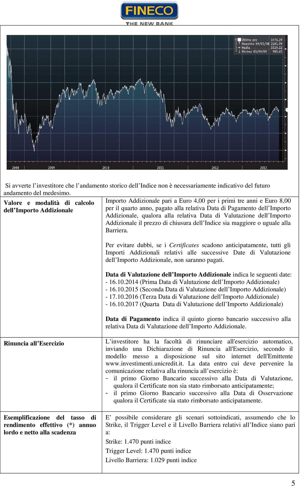 Addizionale, qualora alla relativa Data di Valutazione dell Importo Addizionale il prezzo di chiusura dell Indice sia maggiore o uguale alla Barriera.