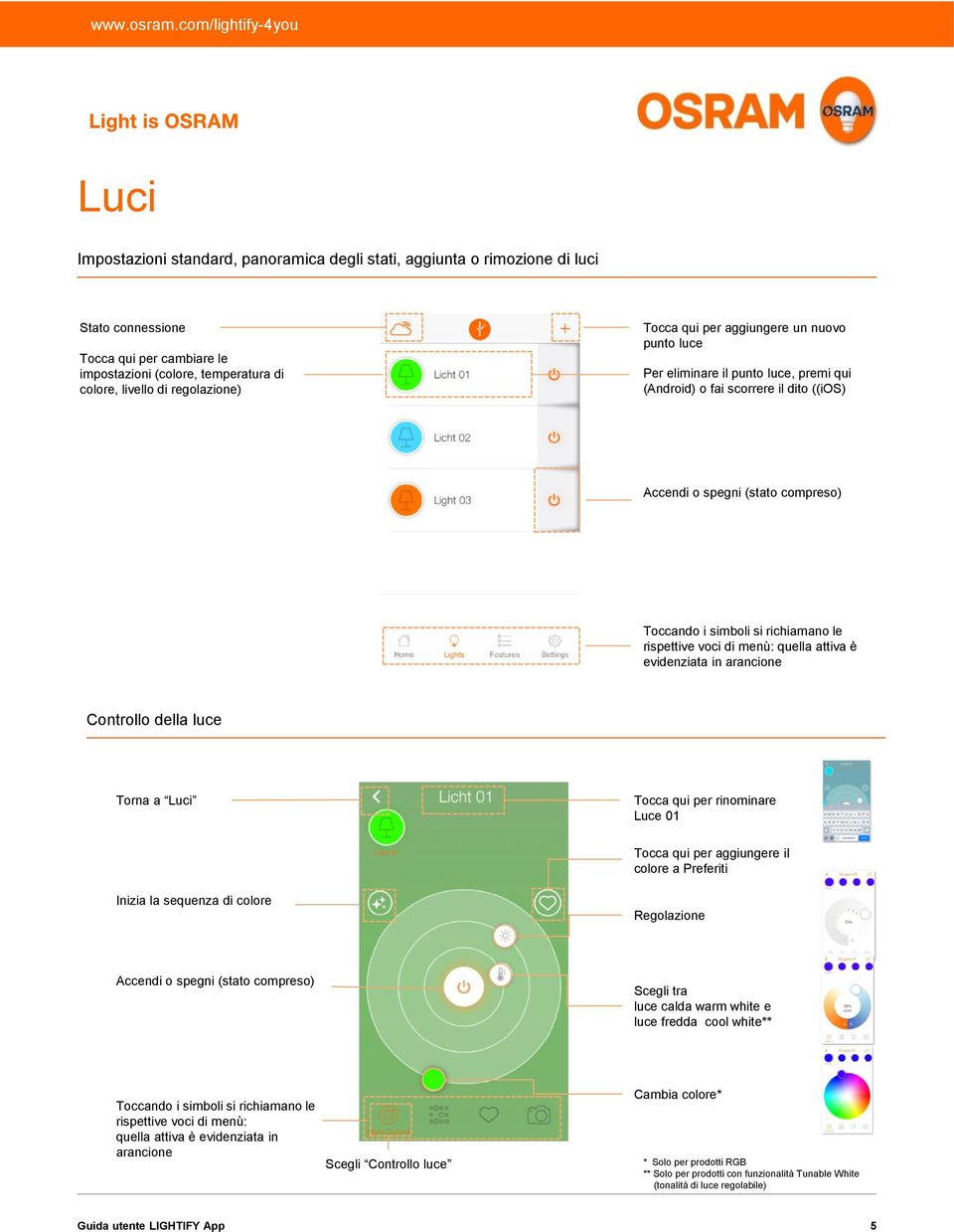 evidenziata in arancione Controllo della luce Torna a Luci Tocca qui per rinominare Luce 01 Tocca qui per aggiungere il colore a Preferiti Inizia la sequenza di colore Regolazione Accendi o spegni