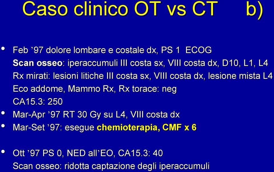 Eco addome, Mammo Rx, Rx torace: neg CA15.