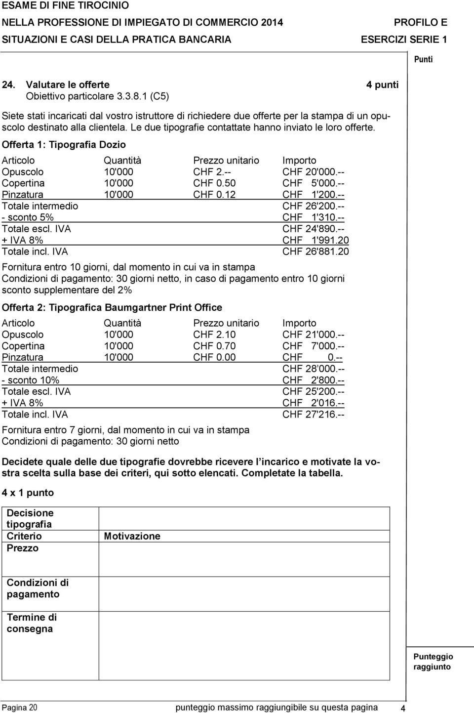 50 CHF 5'000.-- Pinzatura 10'000 CHF 0.12 CHF 1'200.-- Totale intermedio CHF 26'200.-- - sconto 5% CHF 1'310.-- Totale escl. IVA CHF 24'890.-- + IVA 8% CHF 1'991.20 Totale incl. IVA CHF 26'881.